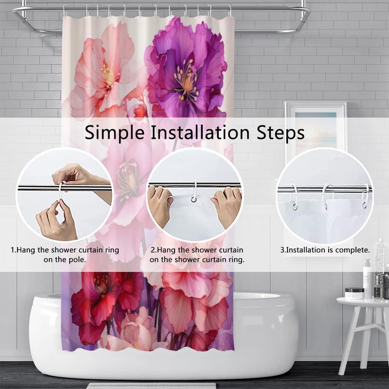 Uiiooazy Pink Shower Curtain for Bathroom Rose Pink Floral Shower Curtain Set with Hooks Abstract Purple Pink Flowers Bathtub Decor Waterproof Fabric Curtains 72x72inches - Image 5